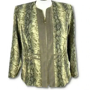 Jessica Howard blazer sz 14 green cream snakeskin print faux suede vintage 80s